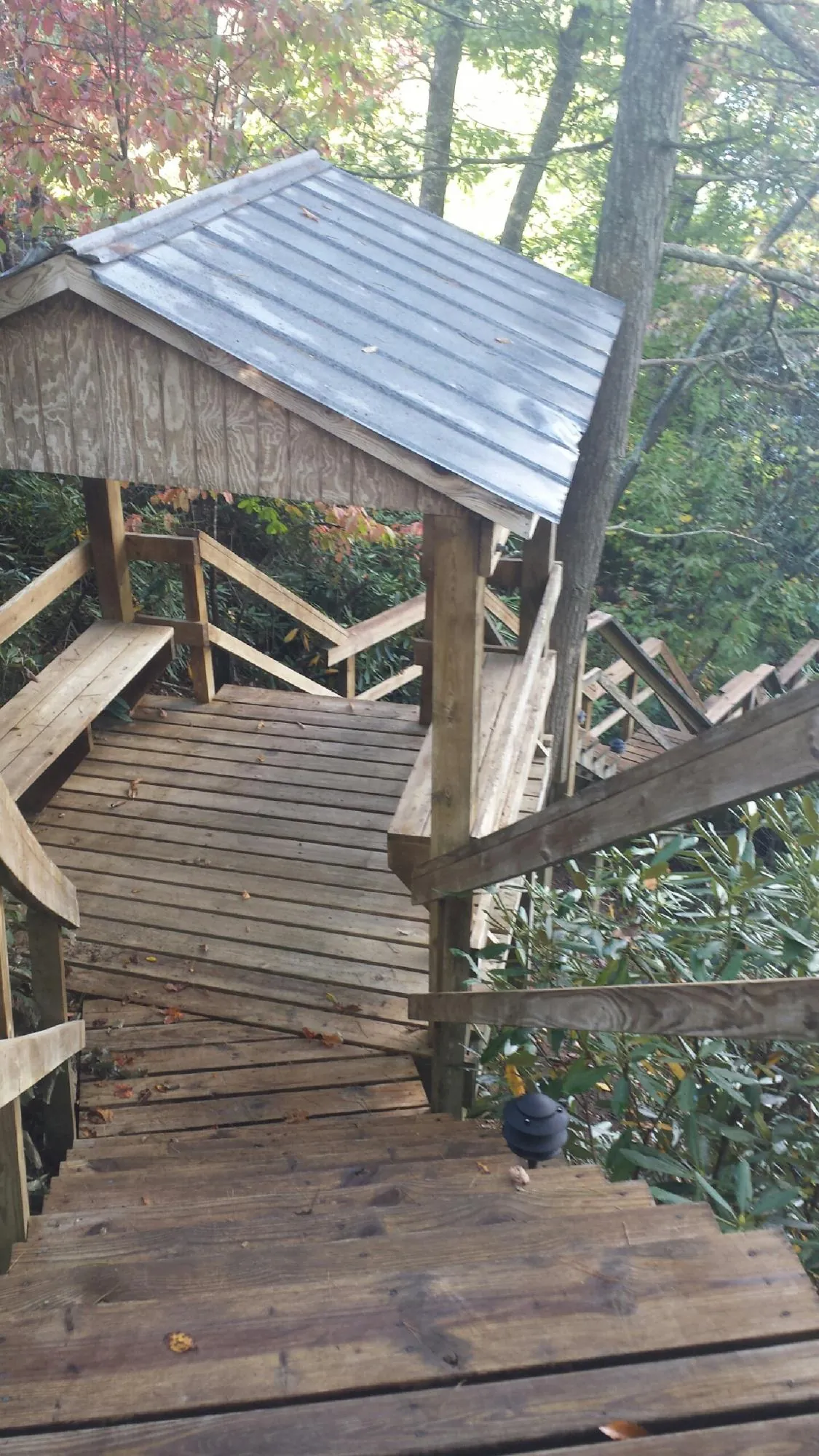 Metal roofed shelter over wooden steps on a wooded walkway — Skylight Repair & Installation work by our crew in Columbia Falls